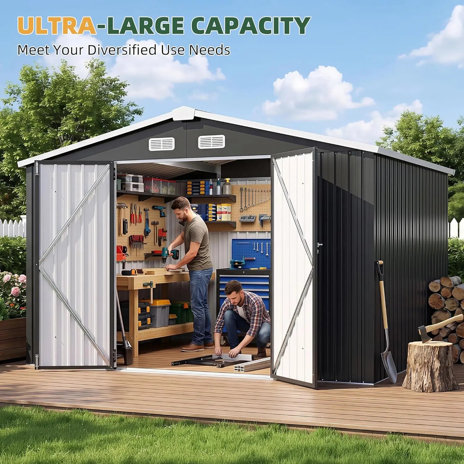 Aoxun Galvanized Steel Outdoor Storage Shed, 10'×8' Gable Roof Metal Tool Shed with Lockable Double Doors, Black for Backyard, Patio,Campingessentials,Outdoorfurnitureset,Campinggear Durable Garden Shed
