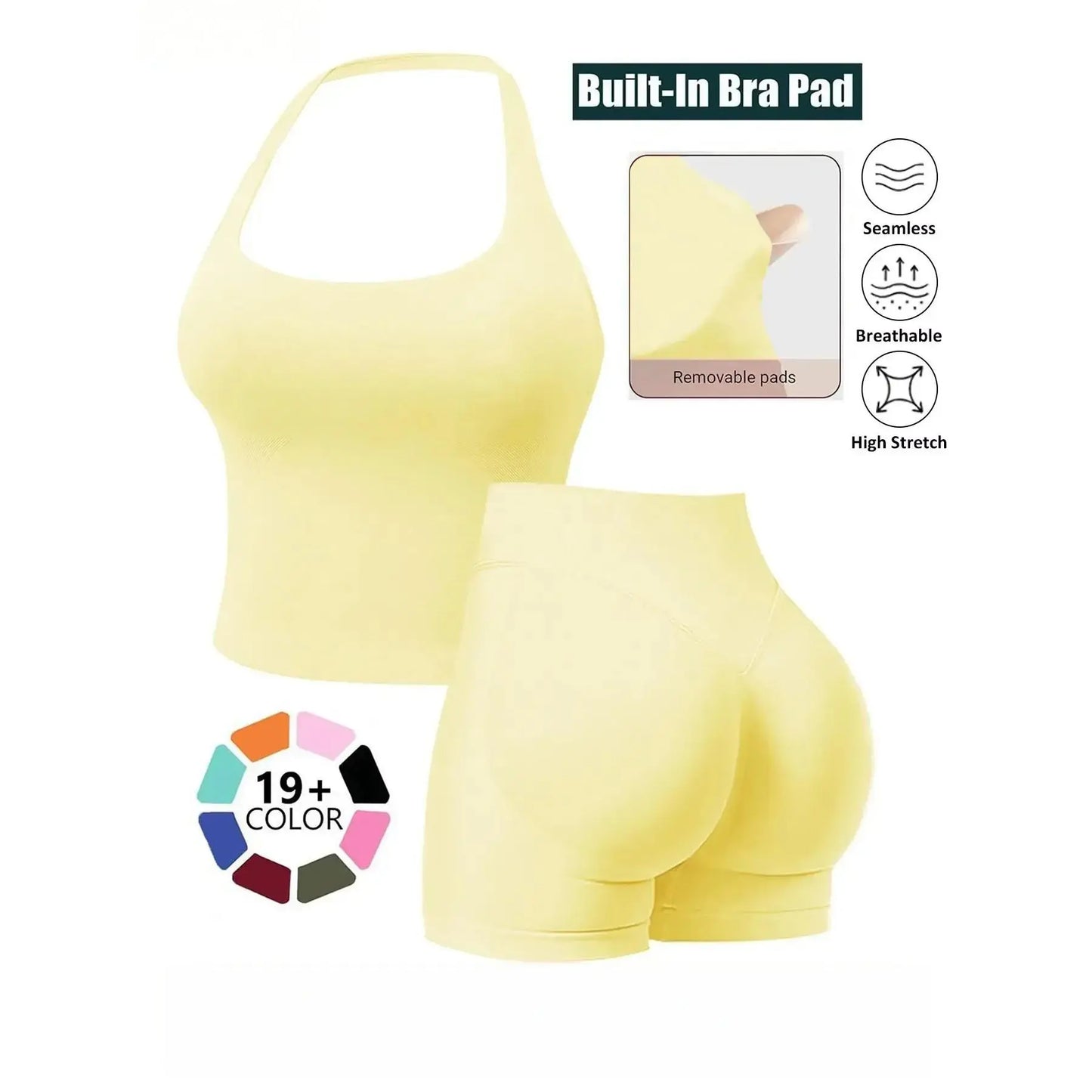 Seamless 2 Piece Workout Athleisure Sets for Women, Halter Built-In Bra Tank Top & Scrunch Booty Shorts, Breathable Quick Dry Activewear for Yoga Gym Running Summer Free Shipping