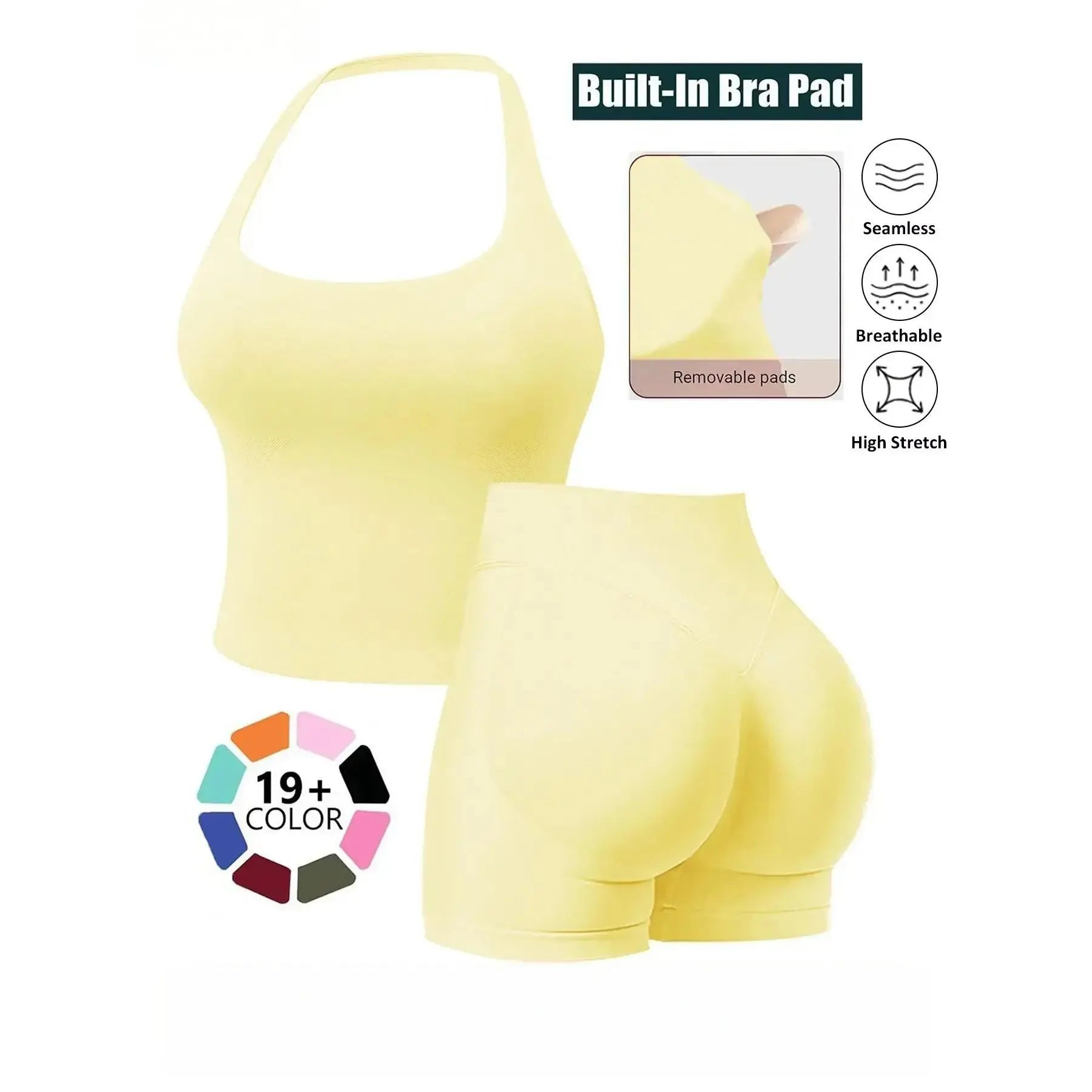 Seamless 2 Piece Workout Athleisure Sets for Women, Halter Built-In Bra Tank Top & Scrunch Booty Shorts, Breathable Quick Dry Activewear for Yoga Gym Running Summer Free Shipping