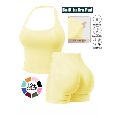 Seamless 2 Piece Workout Athleisure Sets for Women, Halter Built-In Bra Tank Top & Scrunch Booty Shorts, Breathable Quick Dry Activewear for Yoga Gym Running Summer Free Shipping