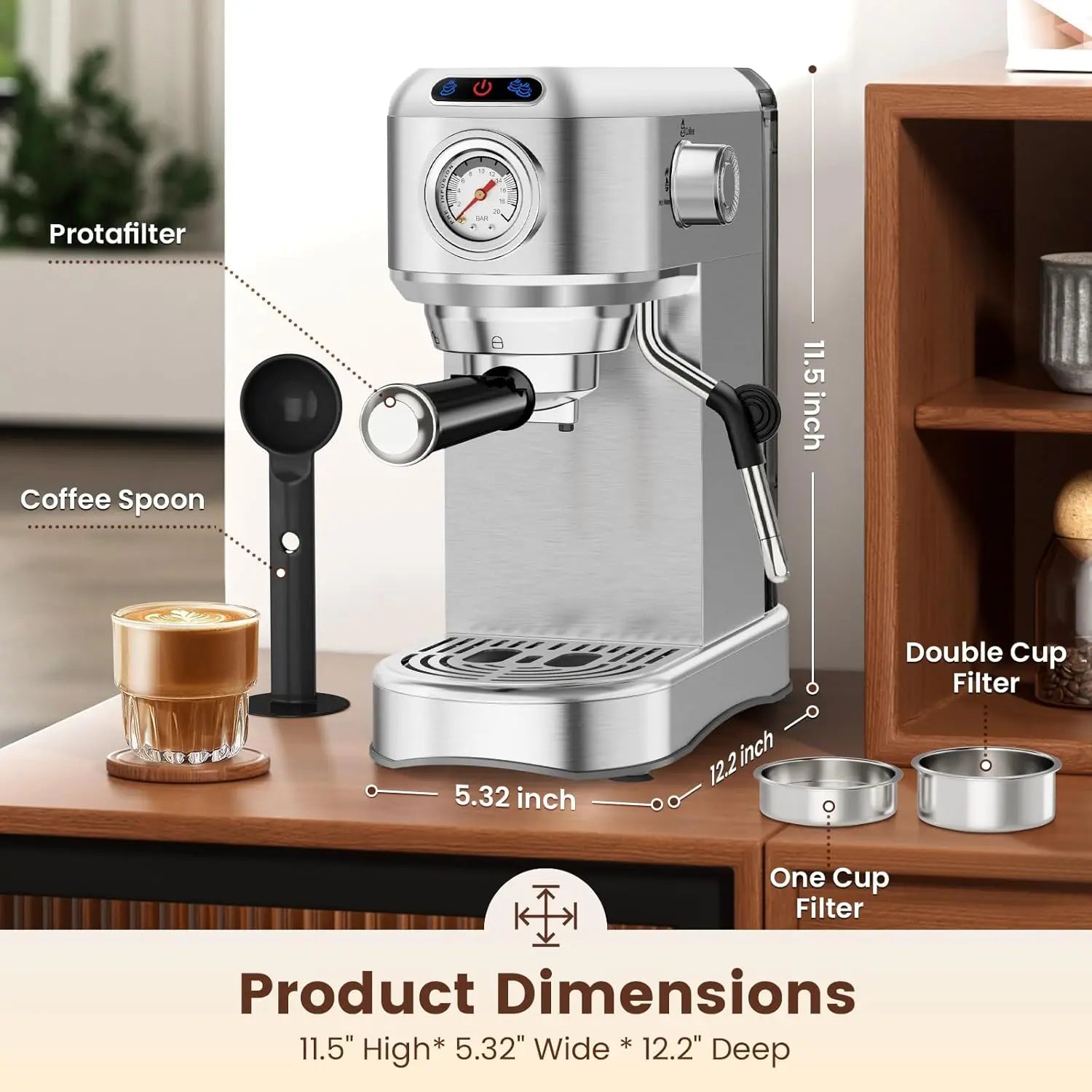 20 Bar Espresso Machine for Home, Semi-Automatic Coffee Maker with Milk Frother Steam Wand, 1450W Motor, 34Oz Water Tank for Latte, Cappuccino, Iced Coffee & Summervibes