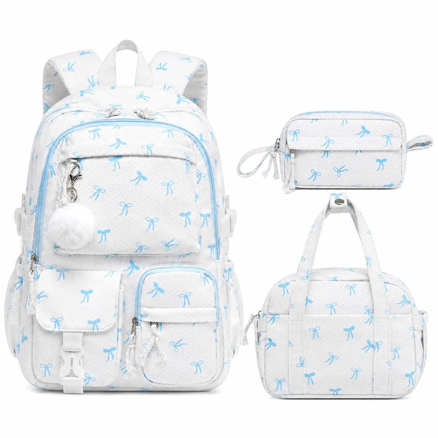 Similove Corduroy Floral Backpack for Girls, 3-Pocket Kawaii 3/4PCS Toddler Bookbag with Lunch Bag&Pencil Case&Water Bottle, Lightweight Casual Daypack for Preschool Travel
