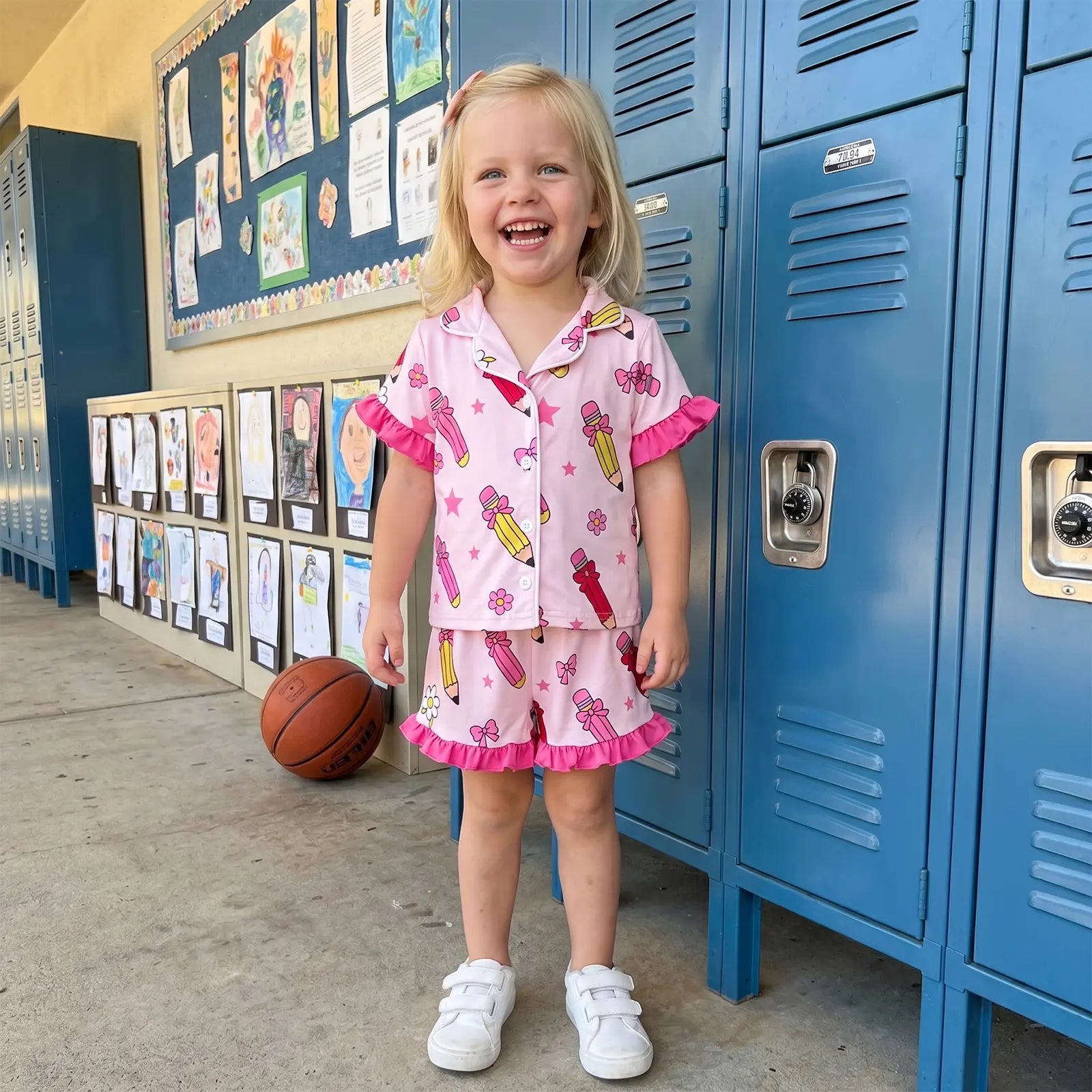 Toddler Girl Back to School Silk Pajamas Short Sleeve Apple Pencil Bow Print Shirt+Shorts First Day of School Outfit