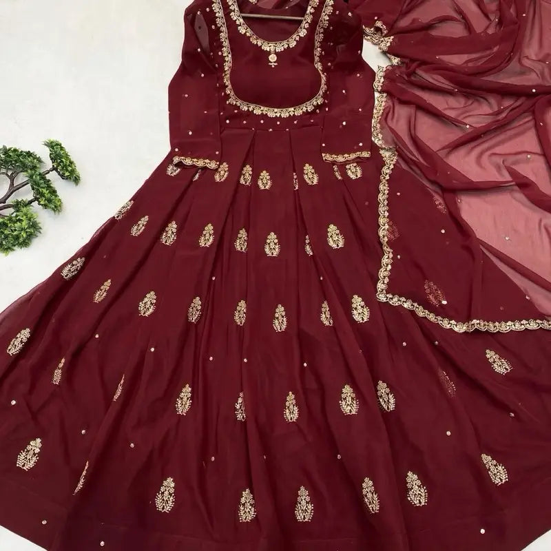Modern Georgette Sequin Embroidery Gown with Dupatta | Indian Party & Wedding Wear for Women