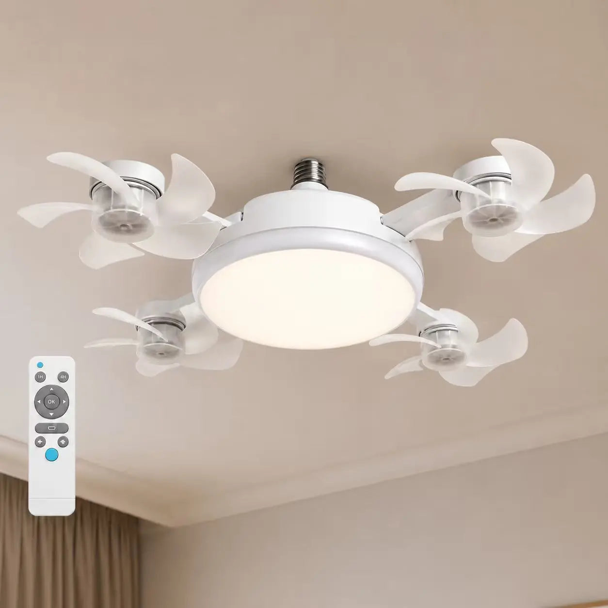 Ceiling Fan Light with Remote Control, 19.69 Inch Screw in Fan Heads, Quiet Airflow & Bright Lighting, Easy LED Fan Light, E26/E27 Base Foldable Ceiling Fan with 4 Installation for Bedroom, Living Room, Kitchen, Office, Dorm, Small Room Use