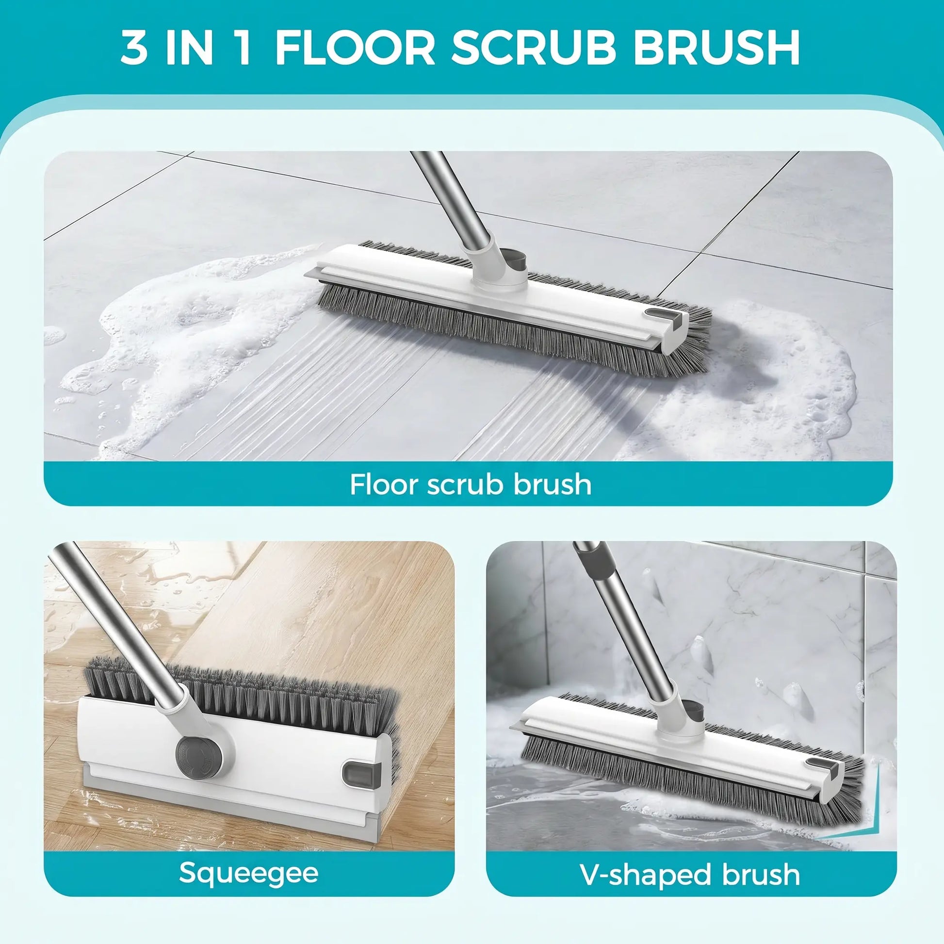 JOIORBOO Durable 3-In-1 Floor Scrub Brush Cleaning Tool with Long Handle - Double-Sided Bristle, Squeegee Scrubber for Bathroom, Kitchen