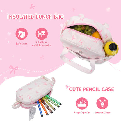 Similove Corduroy Floral Backpack for Girls, 3-Pocket Kawaii 3/4PCS Toddler Bookbag with Lunch Bag&Pencil Case&Water Bottle, Lightweight Casual Daypack for Preschool Travel
