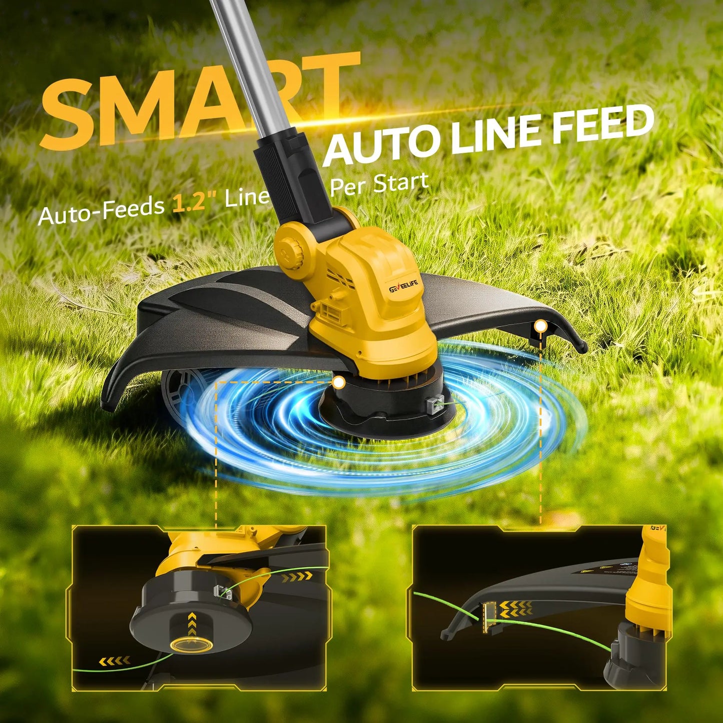 GEVEELIFE Bruchless Electric Weed Wacker String Trimmer,21V Cordless Weed Eater and Edger, 15'' Cutting Width with 2*5.0Ah Batteries Powered Brush Cutter, 4 in 1 Lawn Mower , Eco Friendly Grass Cutter,