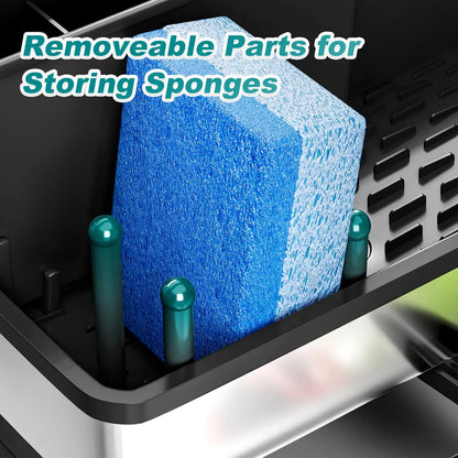 Stainless Steel Sink Caddy, Sponge Holder for Kitchen Sink with Brush Holder and Towel Rack, Sink Organizer for Countertop, Soap Dispenser Kitchen Organizers Storage Essentials