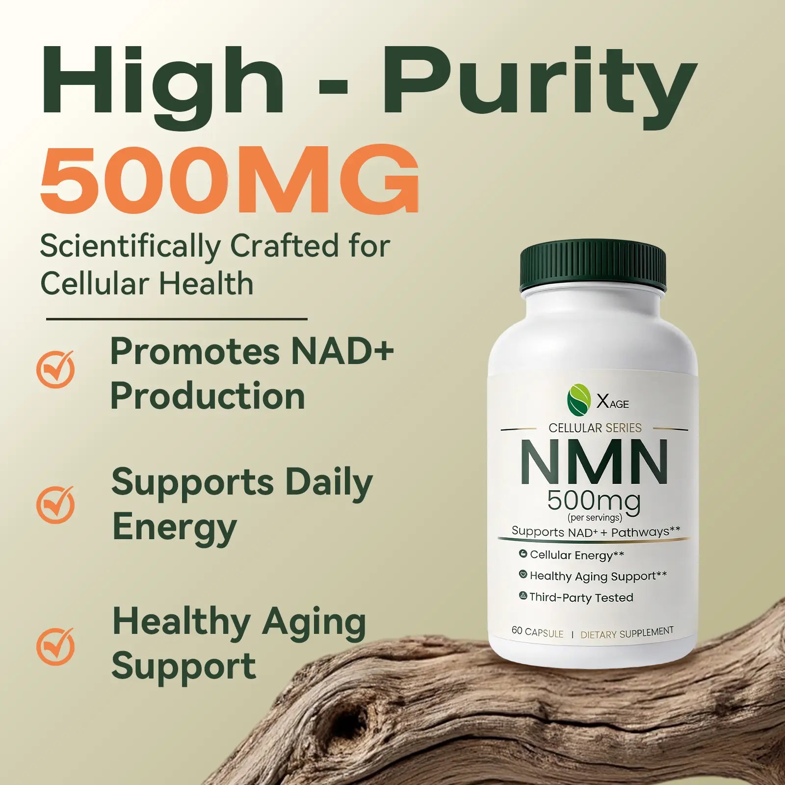 XAGE NMN 500Mg Antioxidant Capsules - Edible Dietary Supplements for Cellular Energy Support, Metabolism Boost, Body Health
