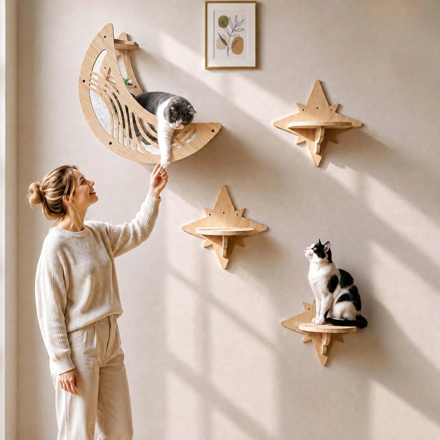 Moon & Star Cat Wall Shelves, Modern Wooden Cat Furniture with Decorative Cutouts, Space-Saving Cat Climbing System & Floating Perch for Indoor Cats