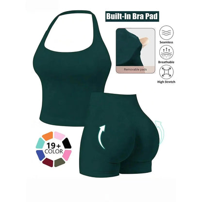Seamless 2 Piece Workout Athleisure Sets for Women, Halter Built-In Bra Tank Top & Scrunch Booty Shorts, Breathable Quick Dry Activewear for Yoga Gym Running Summer Free Shipping