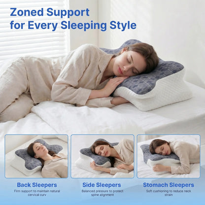Cooling Slow-Rebound Memory Foam Cervical Neck Standard Pillow - 9-Hole Ventilation, Cotton Washable Cover, Ergonomic Adjustable Fit, Spinal Alignment, Sleeping Pain Relief for Side & Back Sleepers, Machine Washable, Breathable (Pillows for Sleeping)