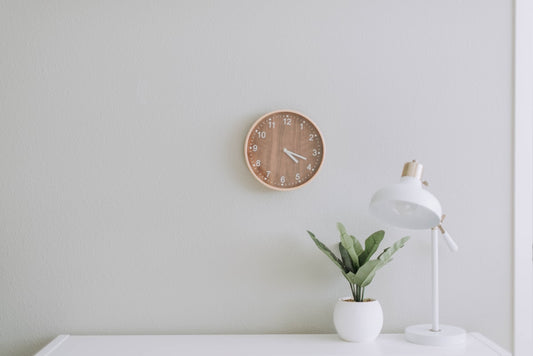 White desk lamp beside a green plant